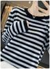 Women's Spring Wool Color Block Striped Long Sleeve Knit Top - Round Neck Loose Pullover Sweater
