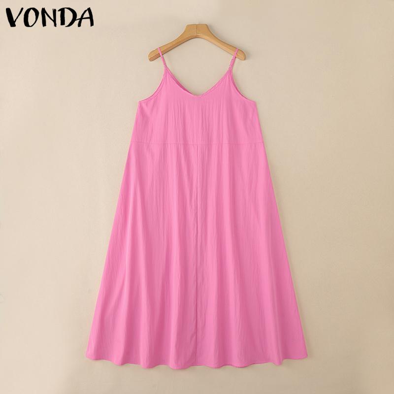 VONDA Women Casual Strap Sleeveless Ruffled Baggy Casual Swing Long Dress