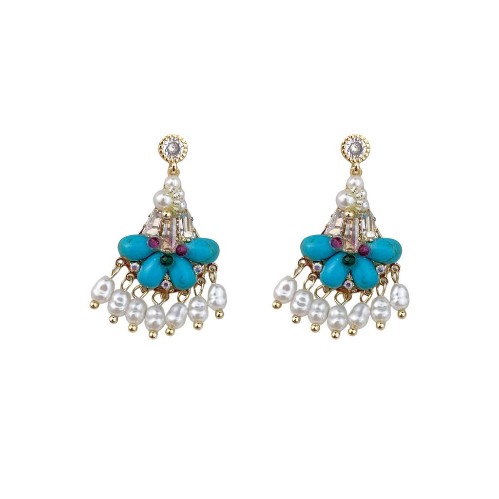 "Haiyu Picking Up Light" Natural Turquoise Tassel Earrings Light Luxury Premium Sense Earrings Retro Ethnic Style Earrings Women