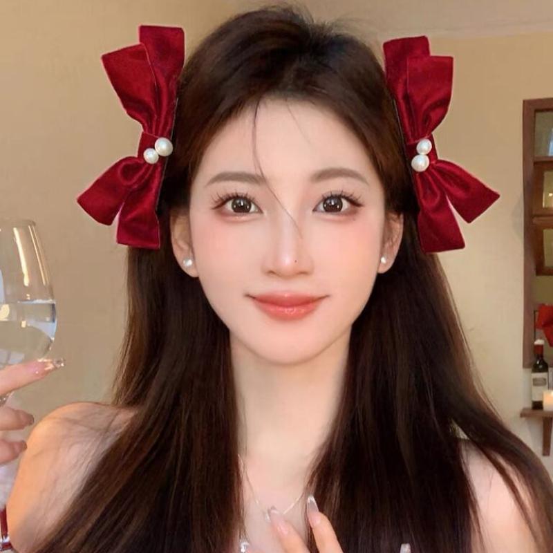 2Pcs Graceful Retro Black/Red Velvet Bow Clip Elegant Two-Piece School Party Duckbill Clip For All Seasons Hair Accessories