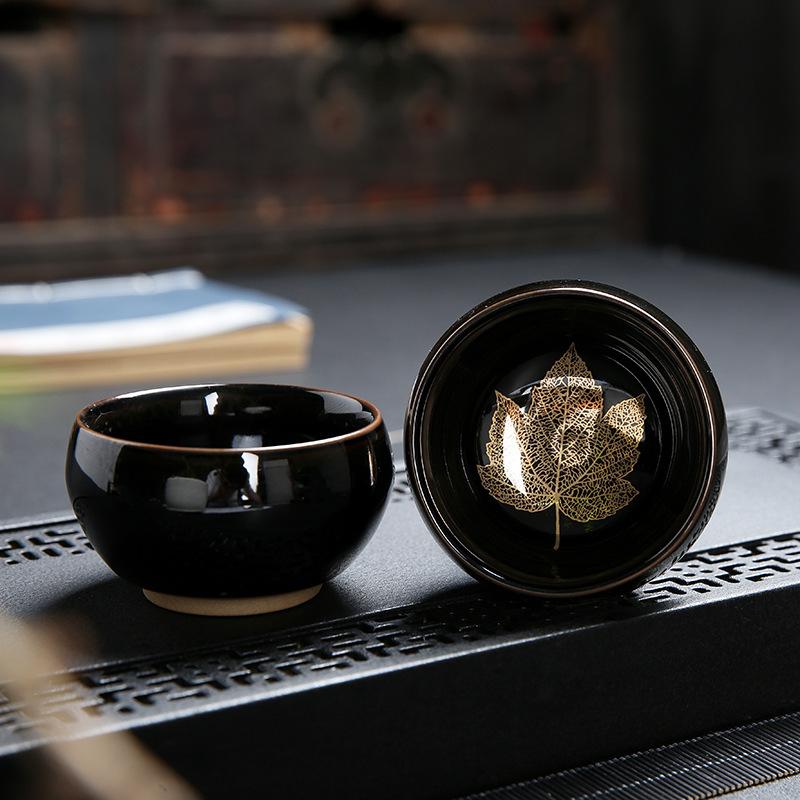 Golden Maple Leaf Jianzhan Ceramic Tea Kiln Change Tianmu Glaze Tasting Creative Master Single Cup Retro Gold-embellishe