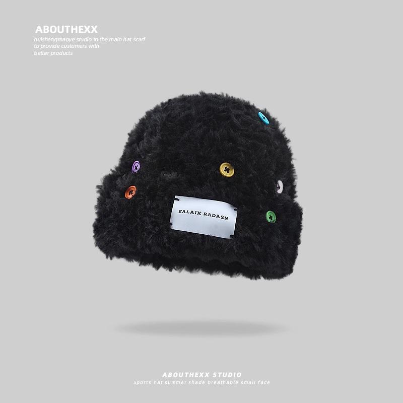 

Новая плюшевая шапка для женщин на зиму в корейском стиле, универсальная, подчеркивающая маленький овал лица, утолщенная, теплая вязаная шапка, шерстяная шапка с защитой ушей M（56-58cm）