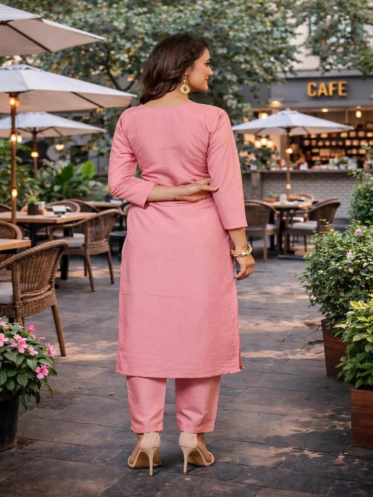 Women Pink Roman Silk Kurta Pant Set | Embroidered 2 Piece Indian Outfit
