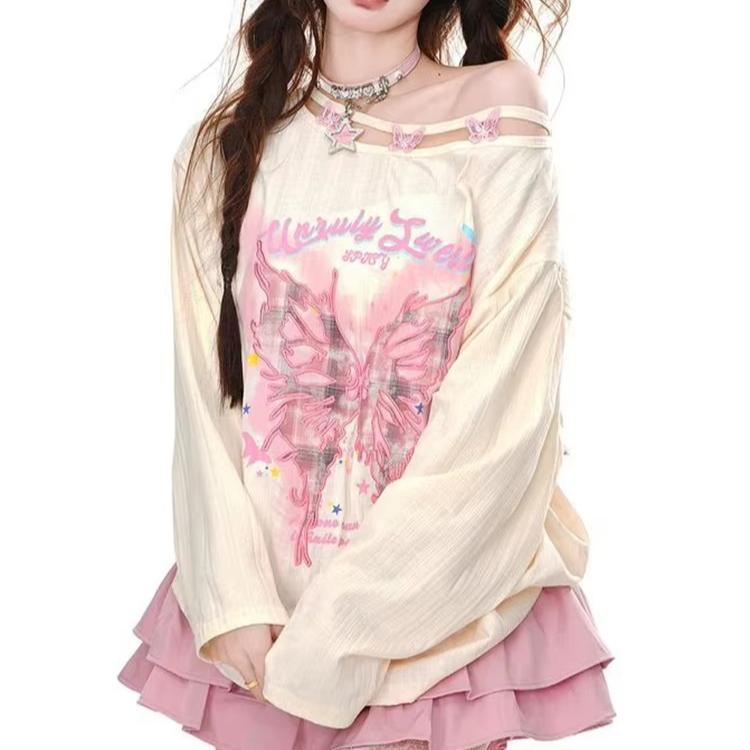 Streetwear Bufferfly T Shirt Women Loose Hollow Out Long Sleeve Vintage Tees American Sweet Casual Oversize Letter New Tops