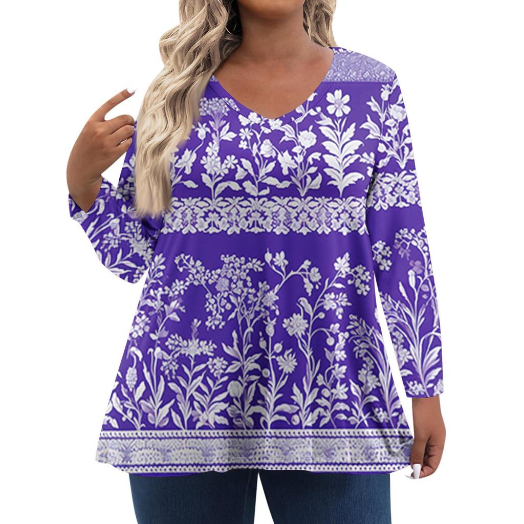 Modisches lässiges Langarm-Oberteil für Damen in Übergröße mit Blumenprint Übergröße Blumenprint-Oberteil