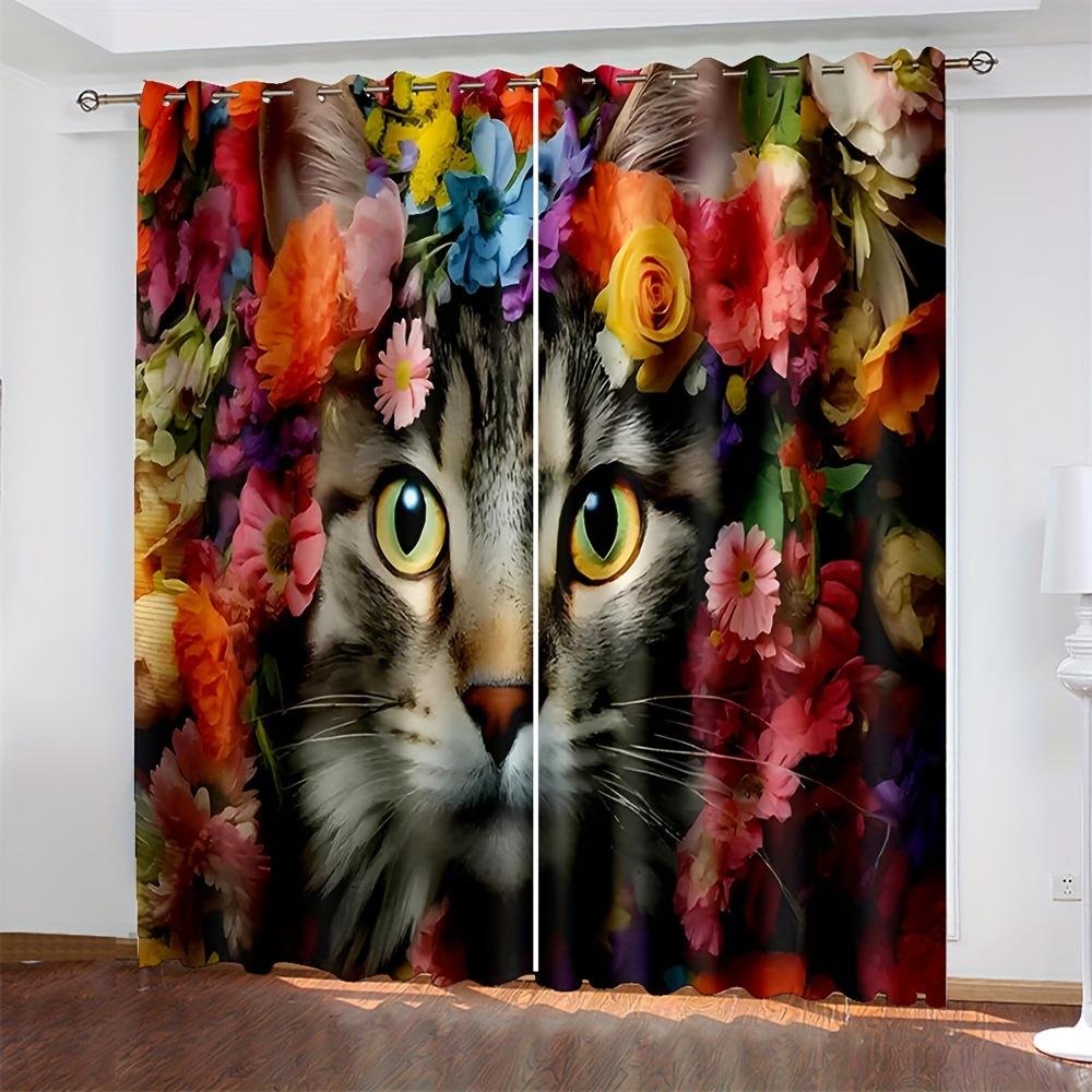 2pcs Medieval Abstract Cat Kitchen Curtains Tiers Funny Cute Animal Bohemian Leaves Modern Minimalist Art Office Cafe LivingRoom