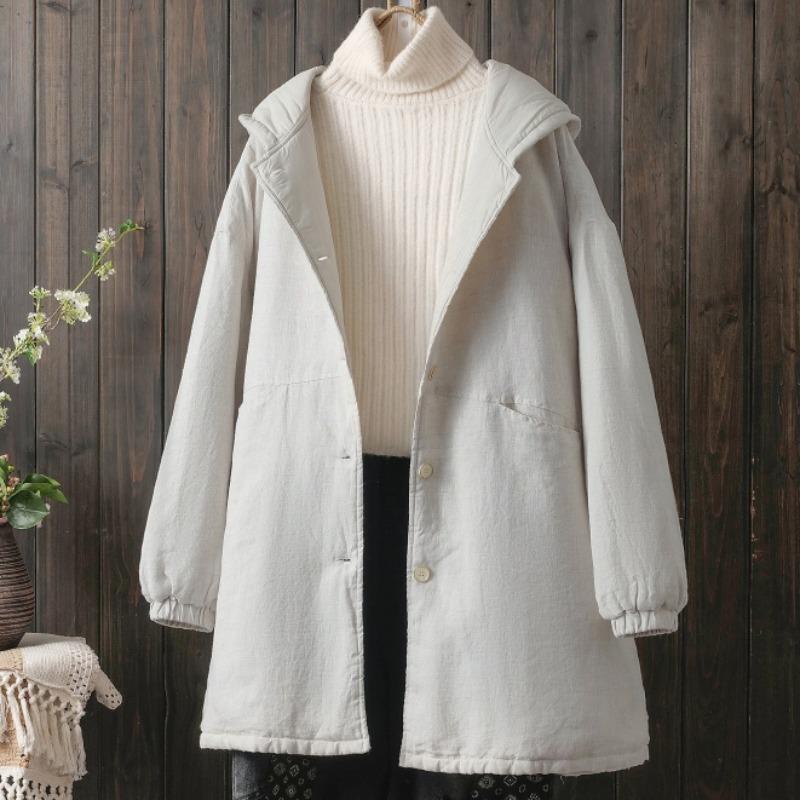 2025 Fall/Winter Plus Size Cotton Linen Hooded Mid-Length Coat - Thick Warm Artistic Outerwear