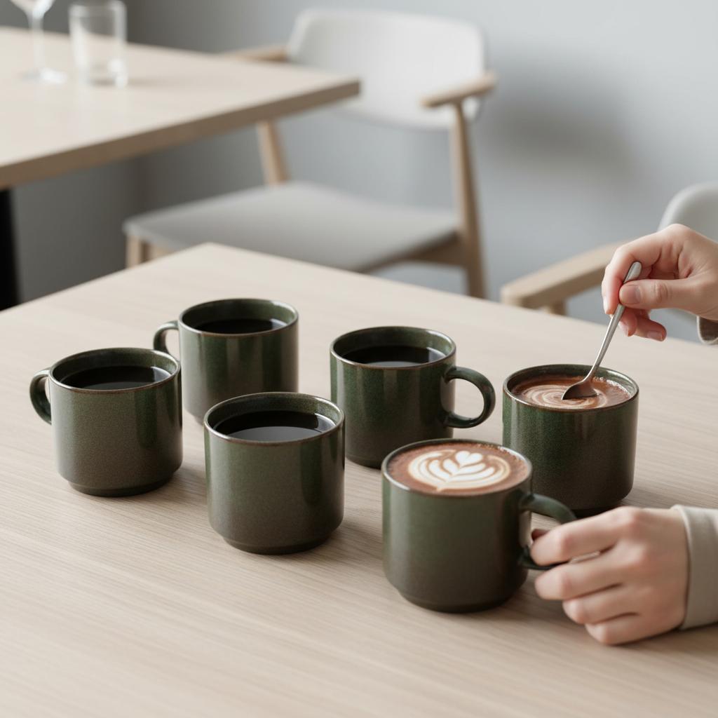 Coffee Tea Mugs Set 6 Pcs Dark Green Matte 350 Ml Ø 9.5 Cm