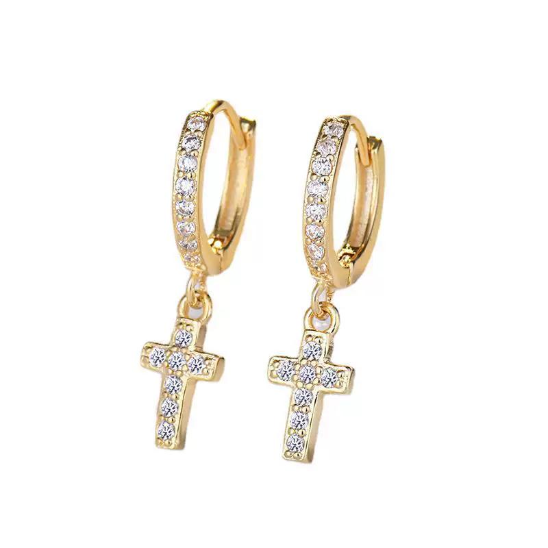 Qiaolanxuan Silver-Plated European and American Cross Earrings for Women, Simple and Elegant, Fully Encrusted with Zirconia, Hoop Earrings, Sales