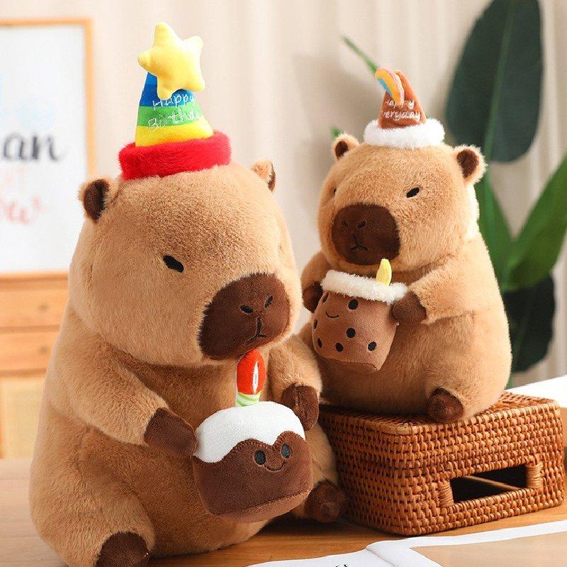 Happy Capybara Birthday Plush Toy Doll Pillow Milk Tea Cake Decoration Flower