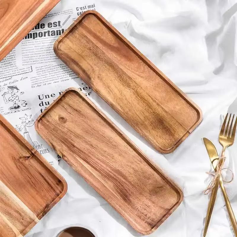 Natural Acacia Wood Tray Coffee Tray Rectangular Plate Fruit Snacks Food Storage Trays Dessert Candy Tray Gongfu Tea Tray
