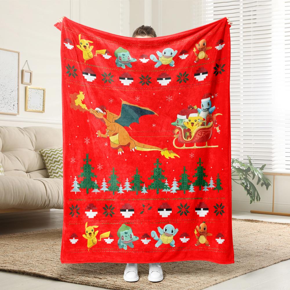 Pikachu dances with the little Fire Dragon Christmas: Pixel Style Christmas Blanket Essential for Home rest