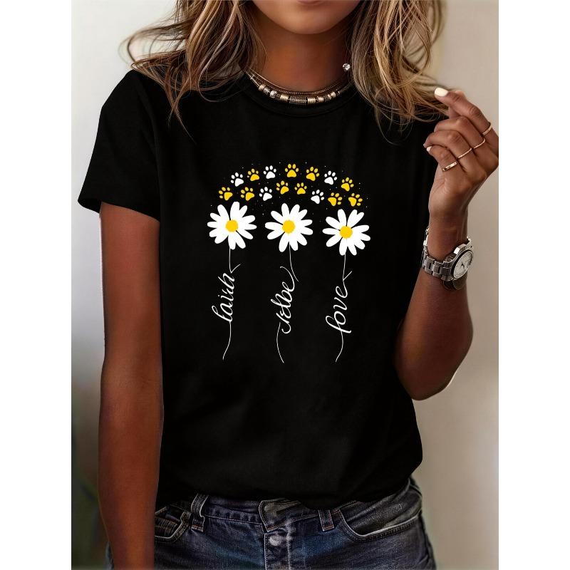 

Women s Summer Tops Casual Short Sleeve T Shirt Daisy Flower Print with Inspirational Words Casual Daily Wear Lightweight Breathable Women s Casual To 4XL чорний