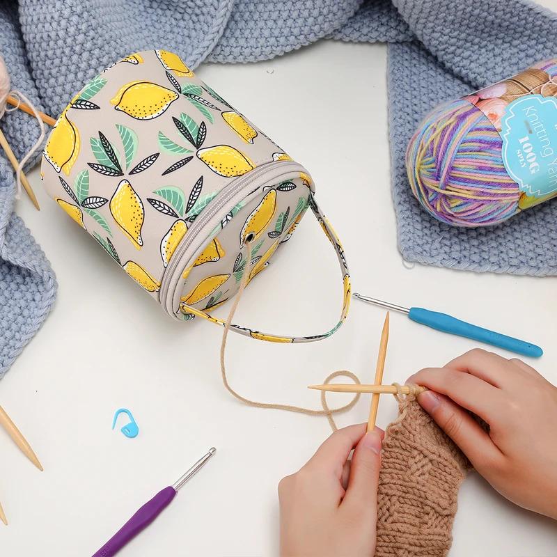 Yarn Storage Bag Storage Bucket Bag Handmade Crochet Bag Wristlet Bag Portable with Built-in Holes Travel-Friendly
