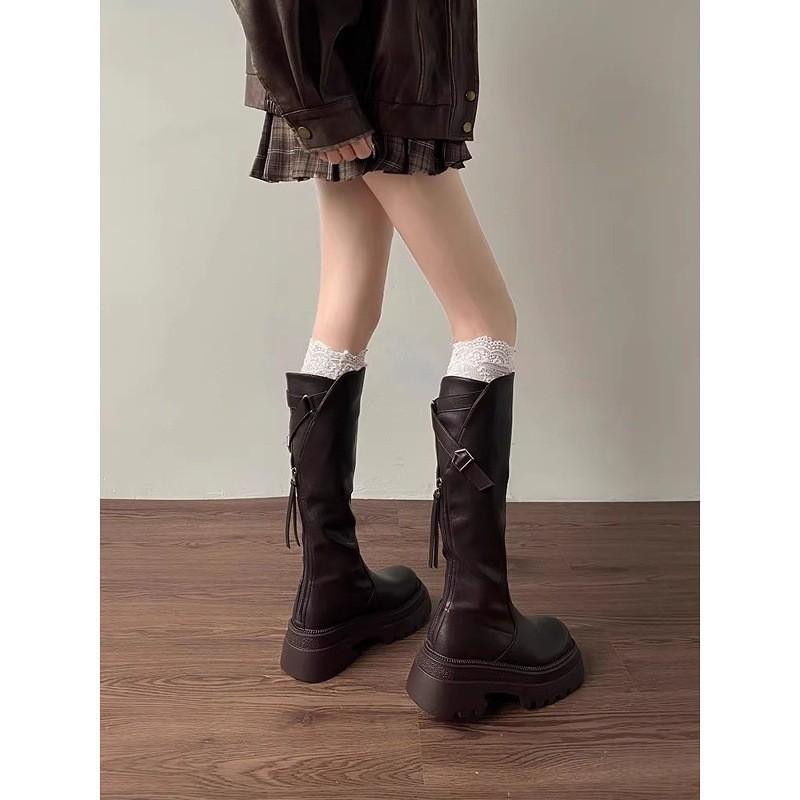 Brown platform boots women's spring 2025 new small retro boots women's knee knight boots