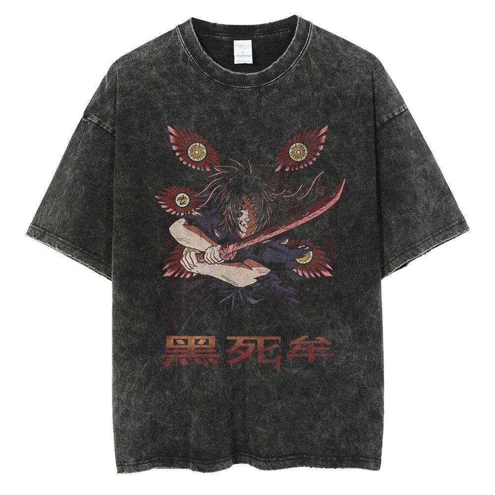 Oversized Acid-Wash Vintage Short-Sleeve T-Shirt Featuring Demon Slayer: Kimetsu no Yaiba Yoriichi Tsugikuni vs Muzan Kibutsuji Dark Battle Graphic