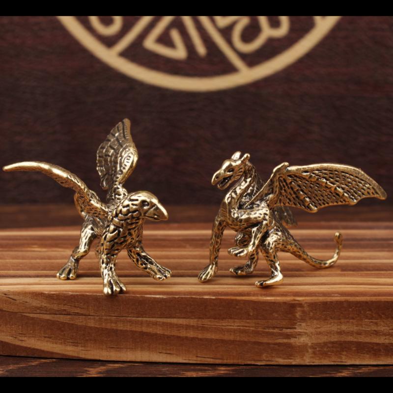 Mini Brass Dragon And Griffin Figurines Detailed Carving Antique Finish Desktop Decor Collection