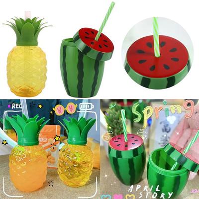 Fruit Food Grade Plastic Water Bottle Strawberry Pineapple Watermelon Drinkware Summer Straw Cup