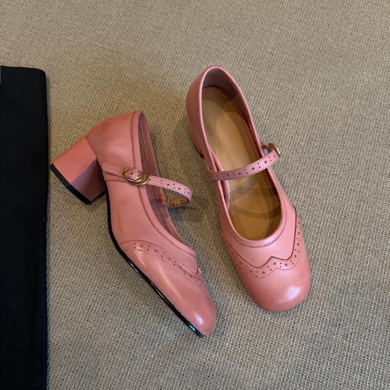 Sheepskin~ Versatile one-word buckle light mouth thick heel Mary Jane shoes women's retro Brock square head shoes genuine leather single shoes