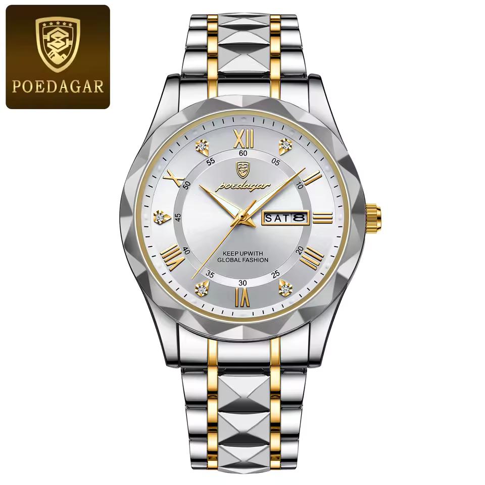POEDAGAR Business Men's Stainless Steel Dual Calendar Quartz Watch, Casual Waterproof Luminous Men's Watch, Men's Gift