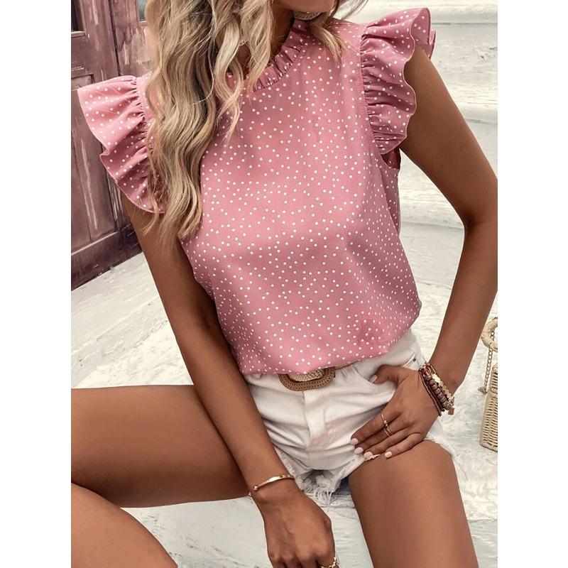 

GMXIA Женская мода повседневная летняя весна горошек блузки и рубашки без рукавов с круглым вырезом L розовый