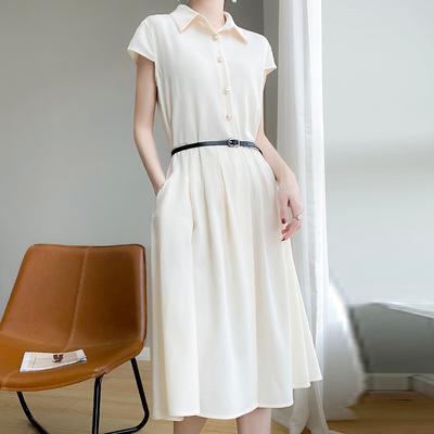Acetat-Satin Polo-Kragen Kleid für Damen im Sommer Aktualisiertes Leichter Luxus Mittellanger Rock Taillienbetont Langer Rock