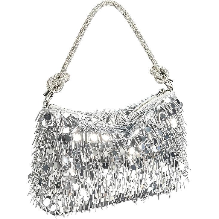 Silver Sequin Fringe Clutch Purse for Women, Evening Bag