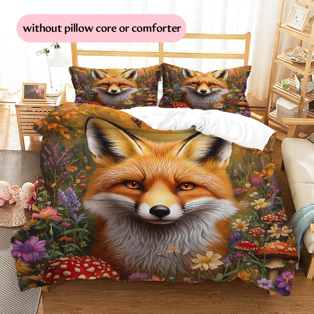 Red Fox with Mushrooms Pattern Bedding Quilt Set Home Decoration Gift (1 * duvet cover + 2 * pillowcase without core)