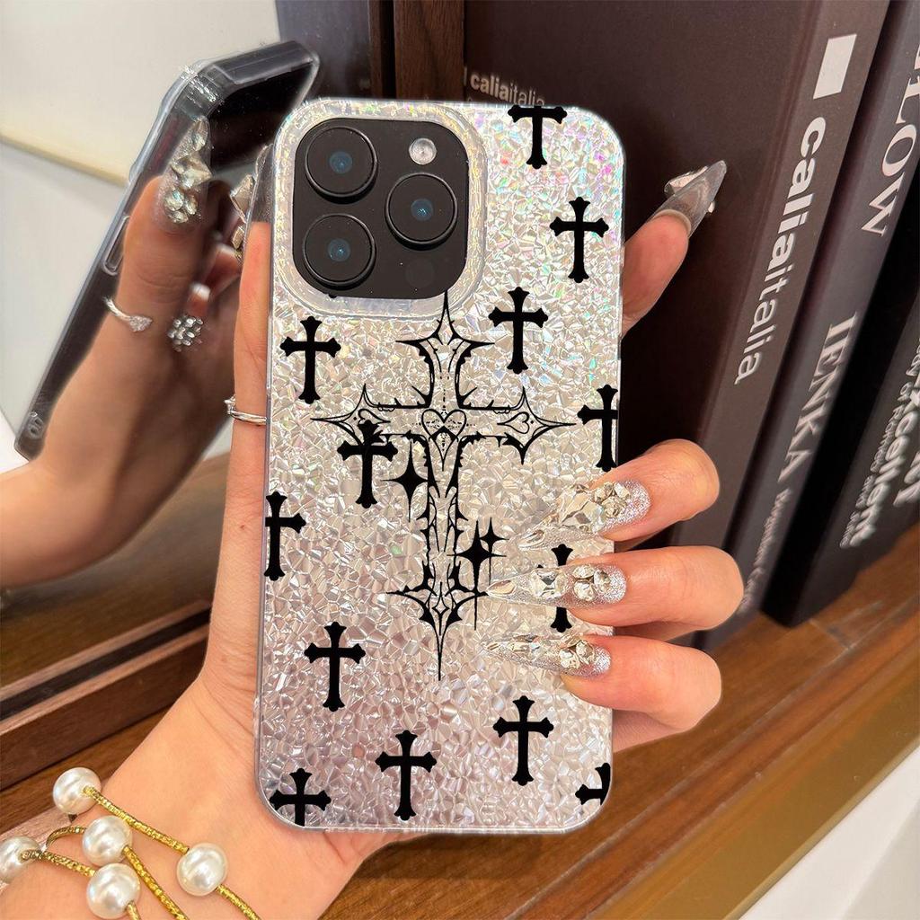 Acrylic Back TPU Bumper for iphone 11 14 15 XR 16 Plus 12 17 Pro 13 XS Max 18 Pro Max Air Black - White Cross Pattern hone Case Shockproof Cover