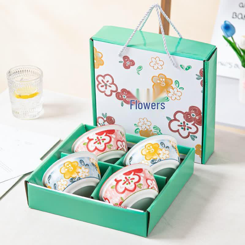 Ru Han Ceramic Underglaze Floral 4-Bowl Gift Set