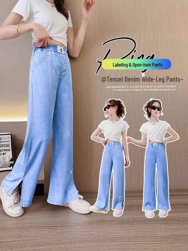 Medium-Large Girls Summer Tencel Soft Breathable Pants: Versatile Loose Jeans with Narrow-Wide Leg Styles. 170 cm