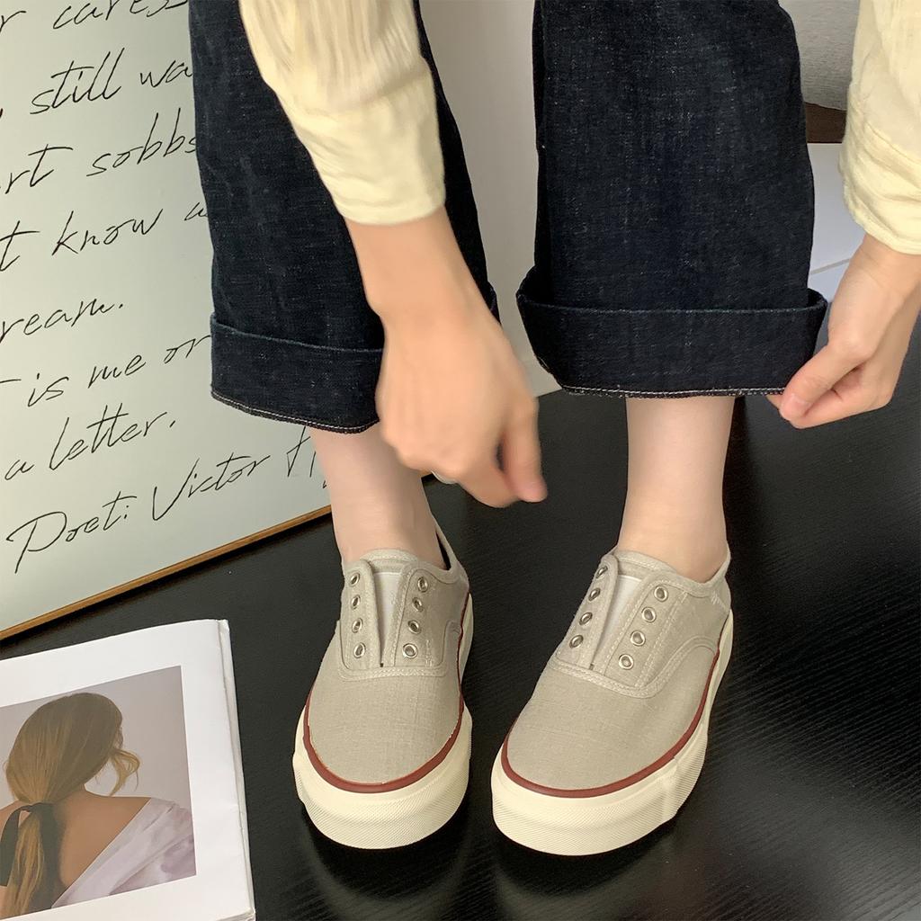 High-quality Breathable Linen Canvas Shoes Women's 2025 Summer New Thick-soled Gas-eyed Lazy Shoes One-pedal Casual Board Shoes