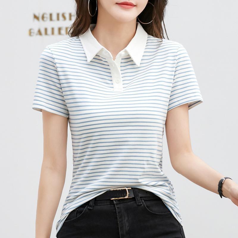 Summer Women's T-shirt Lapel Short-sleeved Comfortable Casual Stripes T-shirt Slimming