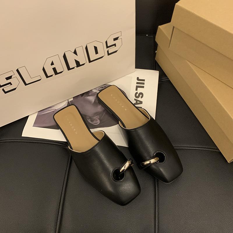 

Южная Корея Дунгуань инс нишевые квадратный носок низкий каблук кольцо украшение полушлепанцы сумка голова тапочки универсальные иностранный стиль тапочки для улицы 40 чёрный