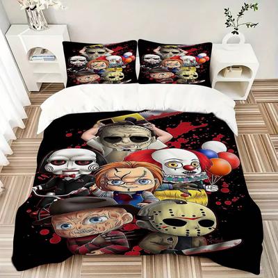 3pcs Horror Icons Printed Quilt Set - Includes 1 Quilt Cover and 2 Pillowcases, Machine Washable - Suitable for All Seasons.C054