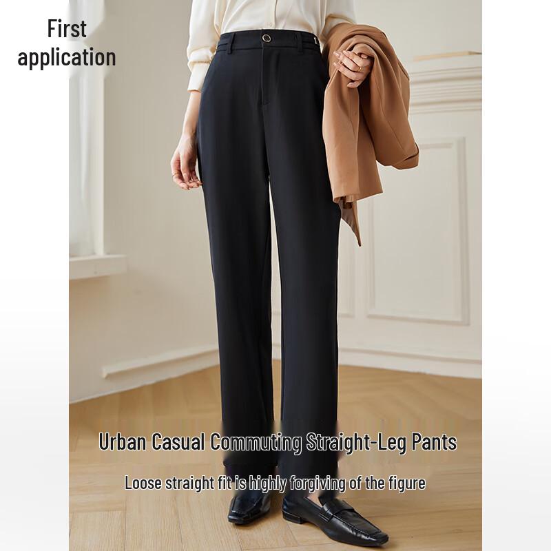 Chushen Women's High-Waist Metal Buckle Straight-Leg Pants