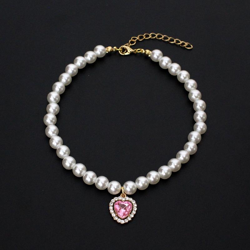 Fashion cat and dog pet pearl necklace accessory colorful love diamond pendant cat cat dog neck chain cute