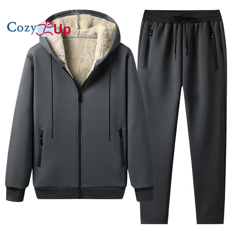 

Уютный мужской спортивный комплект из овечьего флиса, спортивный костюм, спортивные костюмы с капюшоном на подкладке из шерпы, комплект из 2 предметов, толстовка и спортивные штаны M серый