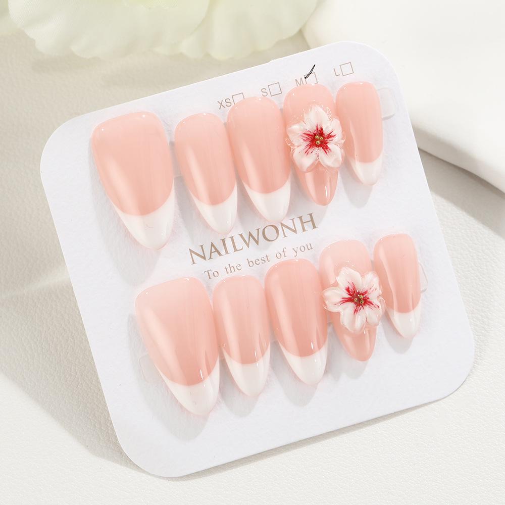 Nude-Toned Sweet Almond 3D Flower French Fake Nails