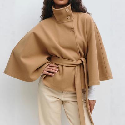 Women's Autumn and Winter New Fashion Solid Color Cape Stand Collar Button Belt Windbreaker Jacket
