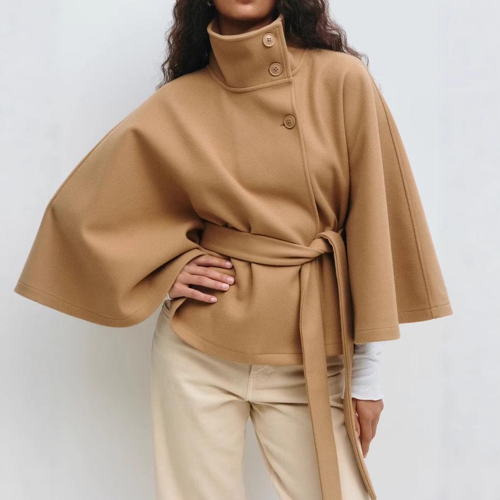 Dámský podzimní a zimní nový módní jednobarevný plášť se stojáčkem, zapínáním na knoflíky a páskem, větrovka