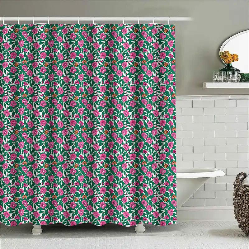 Green Floral Pattern Waterproof Shower Curtain Bathroom Decor Accessory With Hooks Pink Flowers On Green Background, Modern Desi