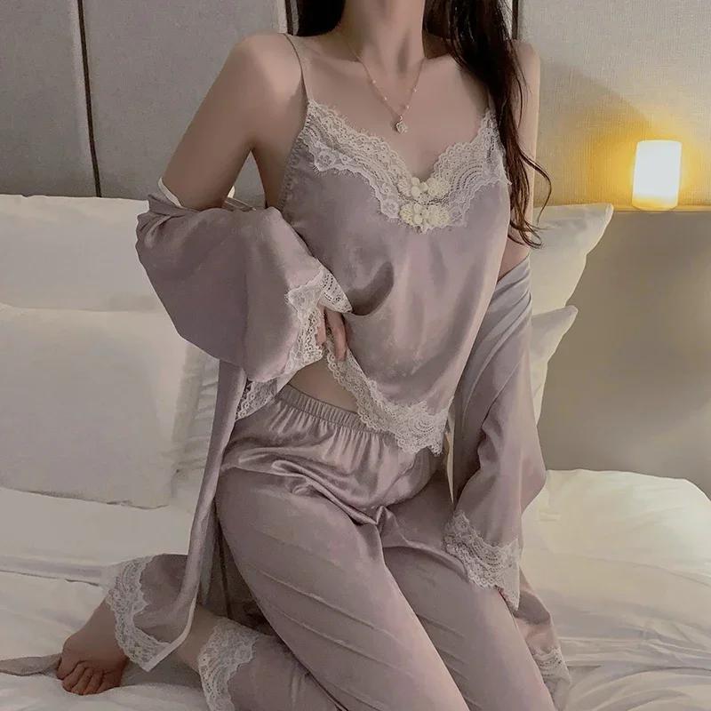 Sexy Pajamas Set for Women, New Lace Pajamas with Breast Pads and Straps, Lace Tops, Trousers and Outer Pajama Sets for Women