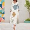 Women Plus Size V Neck Long Sleeve White Blue Printed A Line Midi Dress With Pockets