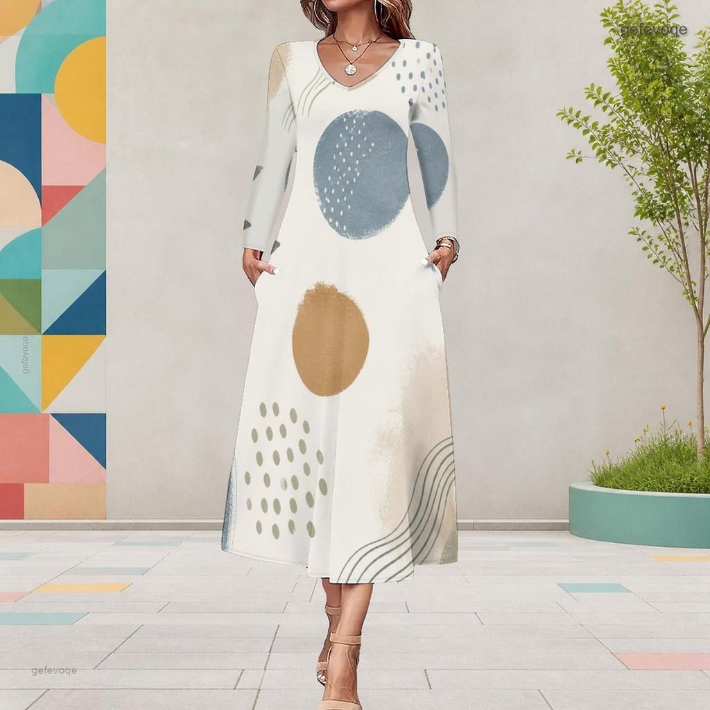 Women Plus Size V Neck Long Sleeve White Blue Printed A Line Midi Dress With Pockets