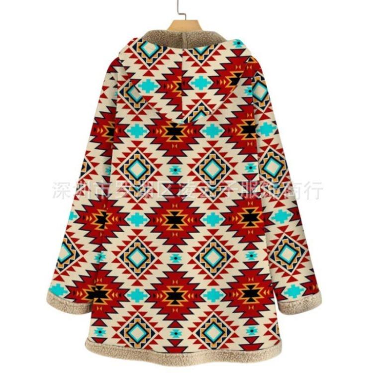Hooded Jacket Women Plus Size Loose Long Coat Warm Fleece Retro Printed Outwear Pockets