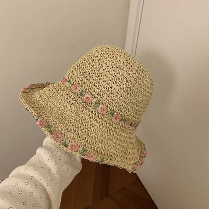 Pearl straw hat summer travel sunscreen sunshade bucket hat new straw seaside vacation net red hat