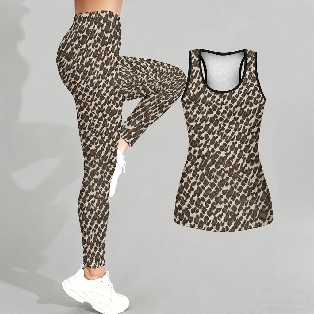 Luipaardprint en Graffiti Patroon Print Yoga Outfit voor Dames Mode Workout Leggings Fitness Sport Casual Yoga Set Sportpak