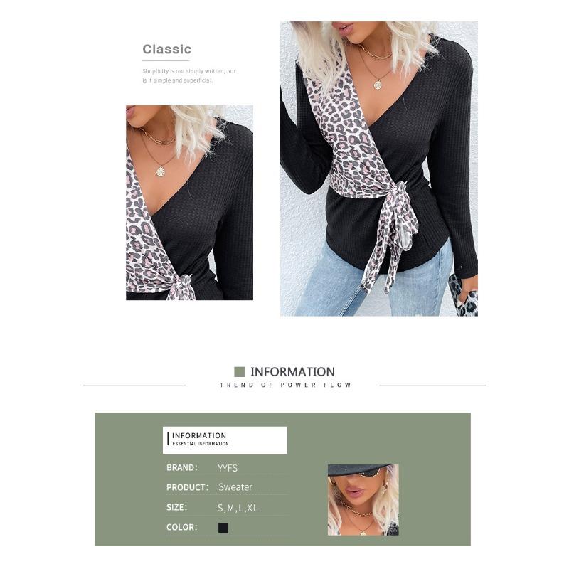 V-neck Leopard Print Color Blocked Knit Sweater Women's Slim Pullover Sweater Casual Long Sleeved Top Commuting Fashion T-shirt Autumn