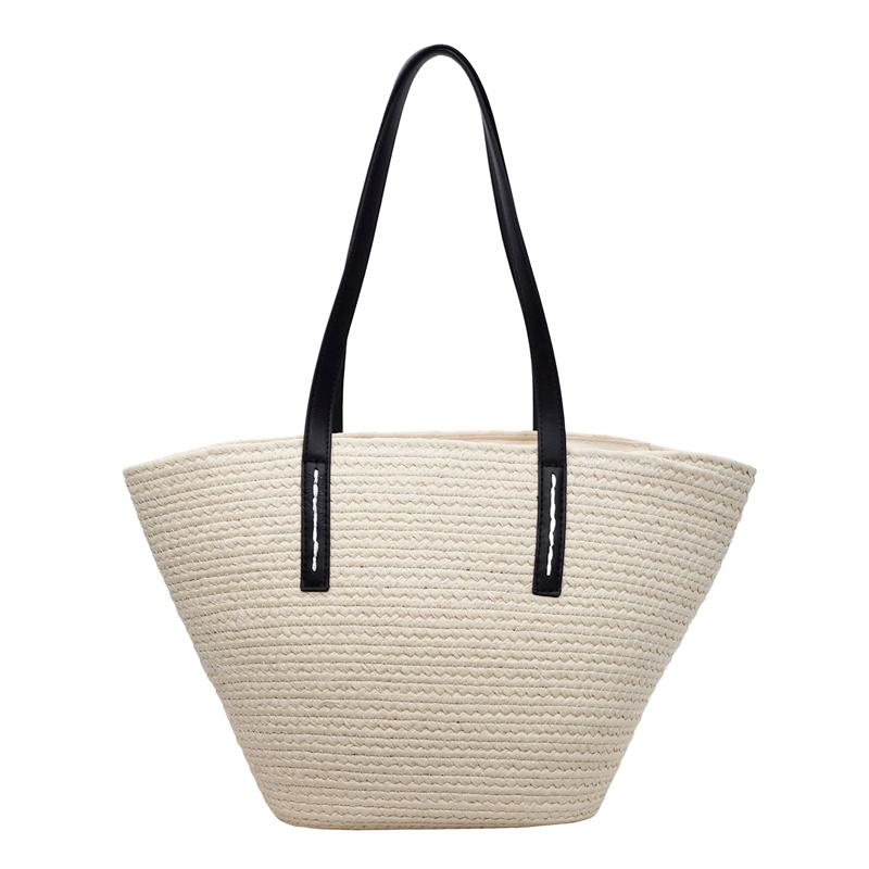 Borsa Tote in Paglia Intrecciata con Manici in Pelle Nera Grande Capacità Borsa da Spiaggia Estiva Borsa a Mano Casual da Donna per Uso Quotidiano